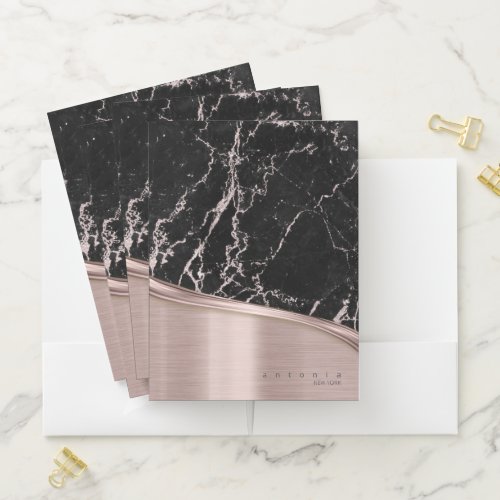 Metal and Glitter Marble Wave Blk Rose Gold ID808 Pocket Folder