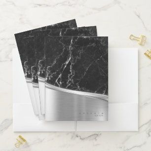 Metal and Glitter Marble Wave Blk Silver ID808 Pocket Folder