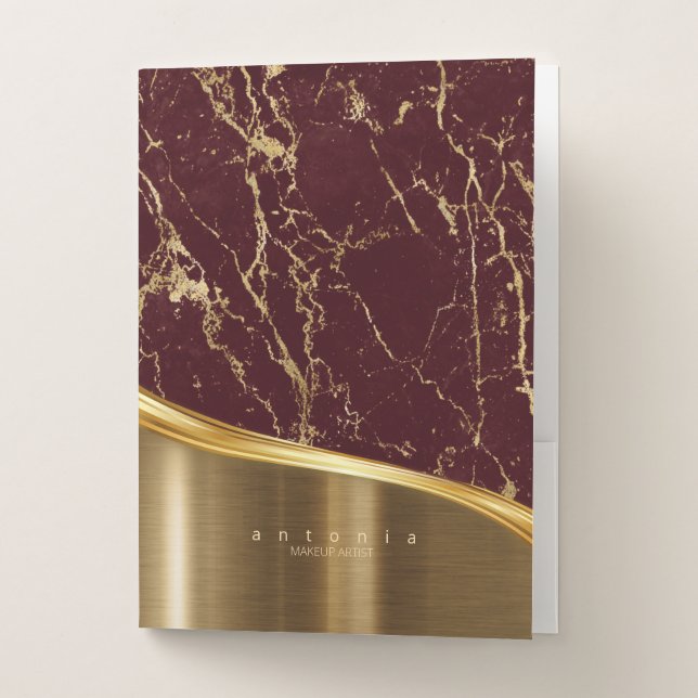 Metal and Glitter Marble Wave Burgundy Gold ID808 Pocket Folder (Front)