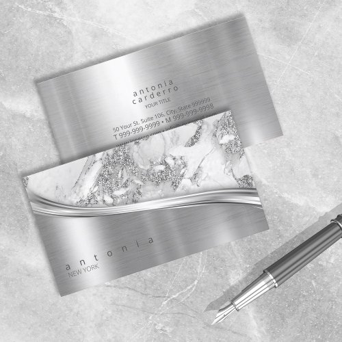 Metal and Glitter Marble Wave Silver ID808 Business Card