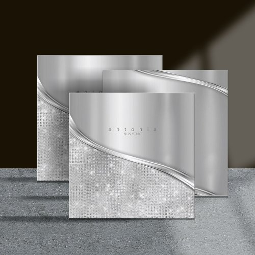 Metal and Glitter Wave Silver Sq ID807 Square Business Card