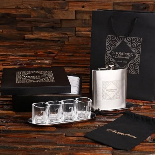 Metal Bar Trays  Shot Glass Set with Hip Flask 