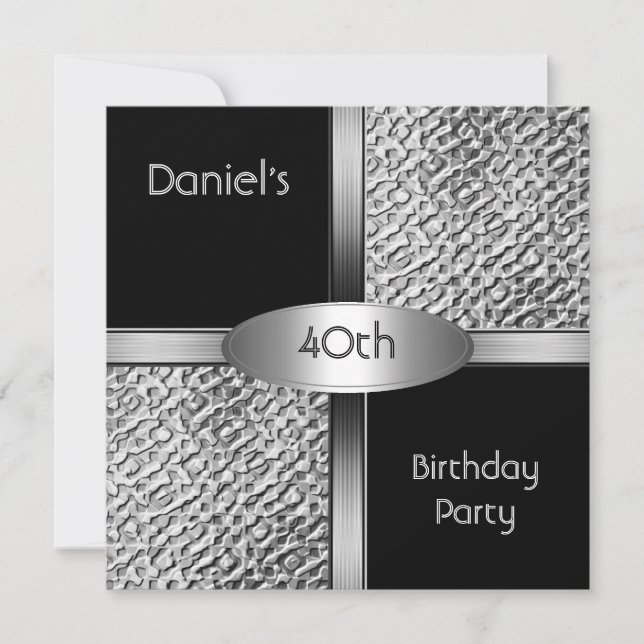 Metal Black White Silver 40th Birthday Party Mens Invitation (Front)