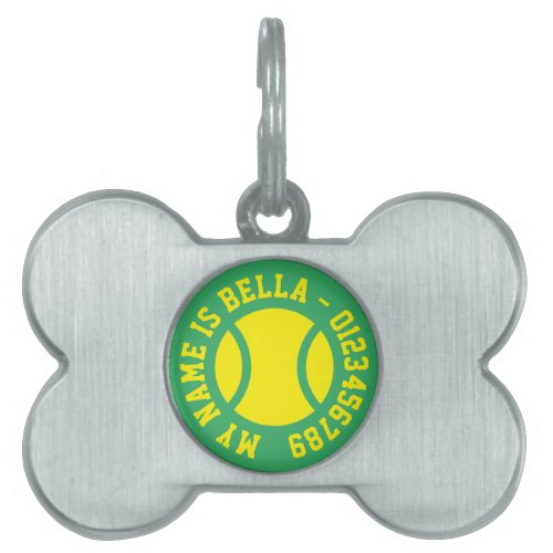 Metal bone dog collar tag with tennis ball logo
