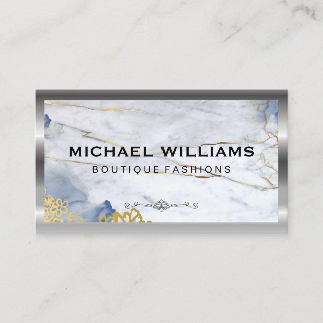 Metal Border | Blue Gold Marble Business Card (Front)