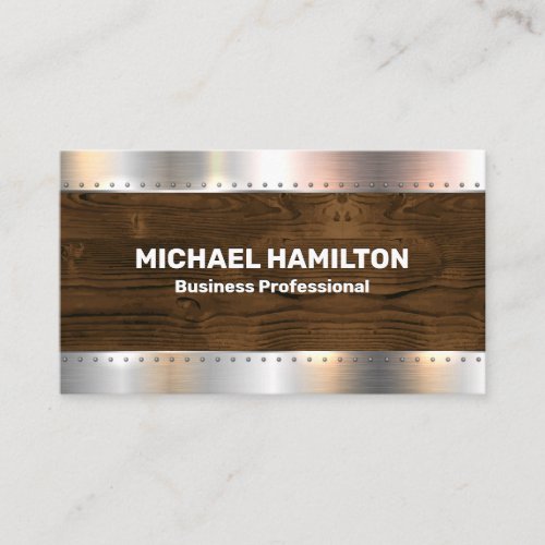 Metal Brush Rivets  Wood Background Business Card