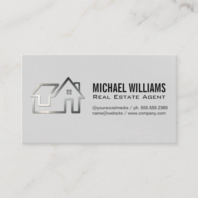 Metal Brushed Real Estate Home Logo Business Card (Front)
