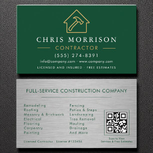 Metal Building Construction Green Gold QR Code Business Card