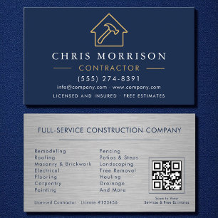 Metal Building Construction Navy Blue Gold QR Code Business Card