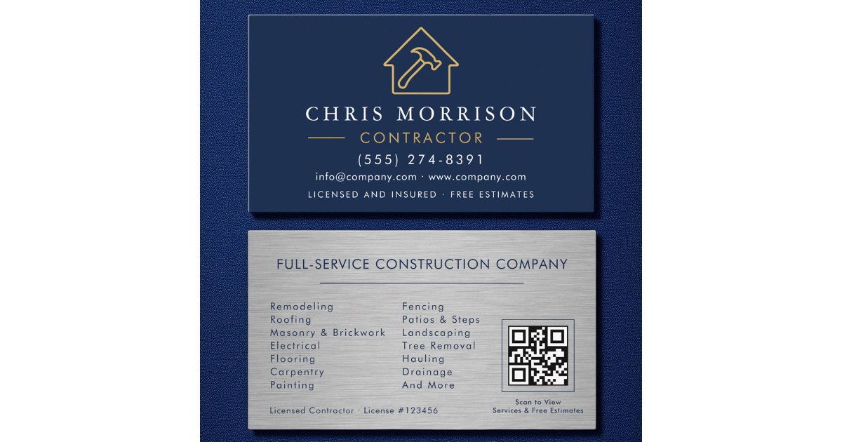 Metal Building Construction Navy Blue Gold QR Code Business Card | Zazzle