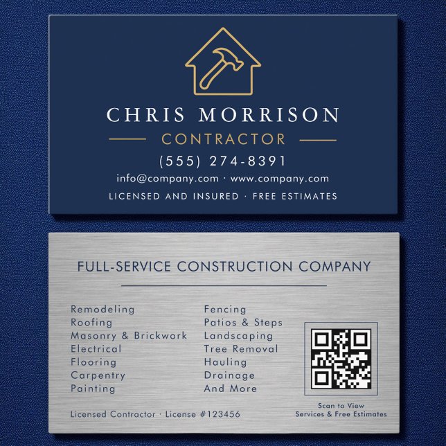 Metal Building Construction Navy Blue Gold QR Code Business Card (Creator Uploaded)