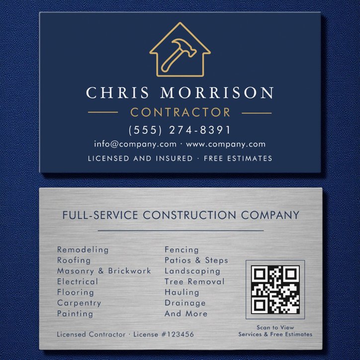 Metal Building Construction Navy Blue Gold QR Code Business Card