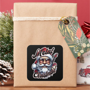 Metal Christmas Rocker Santa Guitar Head Square Sticker