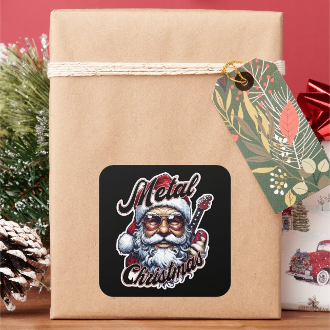 Metal Christmas Rocker Santa Guitar Head Square Sticker (Holiday)