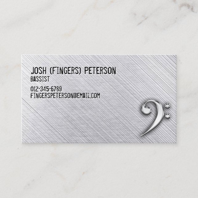 Metal Chrome Bass Clef Bassist Business Card (Front)