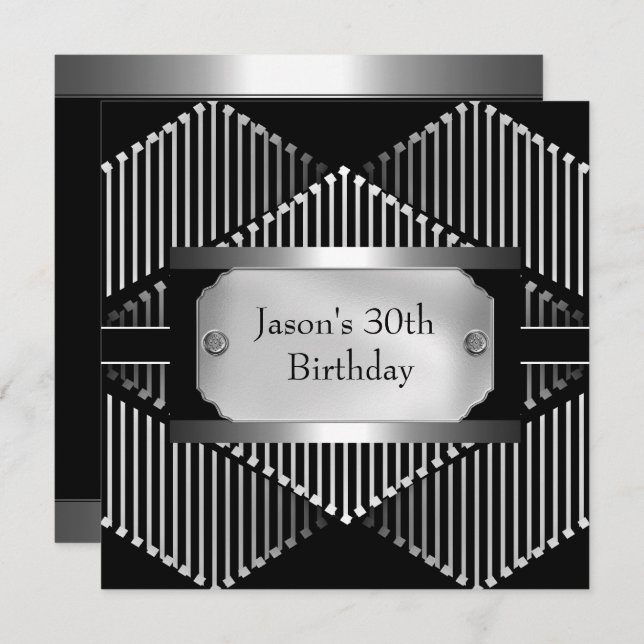 Metal Chrome Black White Style Silver Mens 30th Invitation (Front/Back)