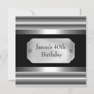 Metal Chrome Black White Style Silver Mens 40th Invitation