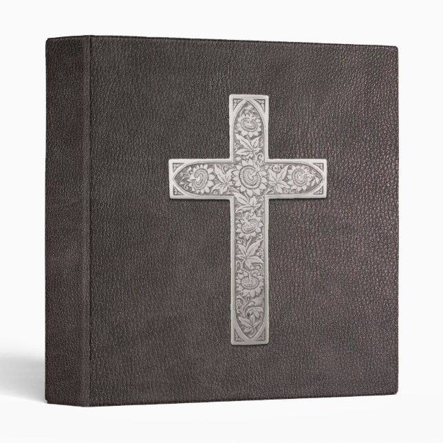 Metal Cross On Dark Leather 3 Ring Binder (Front/Spine)