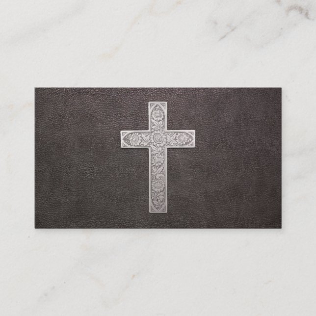 Metal Cross On Dark Leather Business Card (Front)