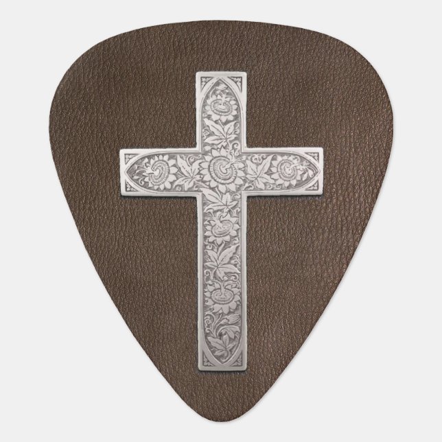 Metal Cross On Dark Leather Christian Music Guitar Pick (Front)