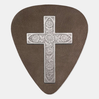 Metal Cross On Dark Leather Guitar Pick