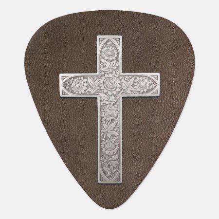 Metal Cross On Dark Leather Guitar Pick
