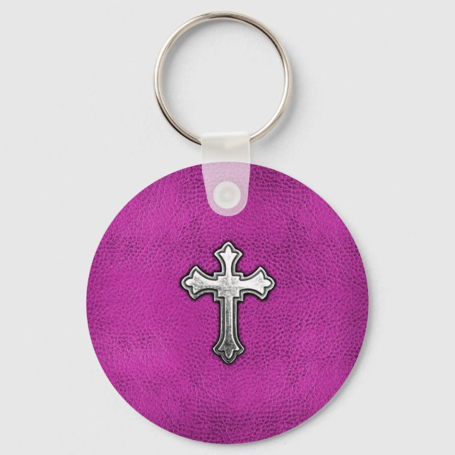 Metal Cross on Pink Leather Keychain (Front)
