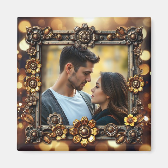 Metal Flowers Steampunk Personalized Photo Magnet (Front)