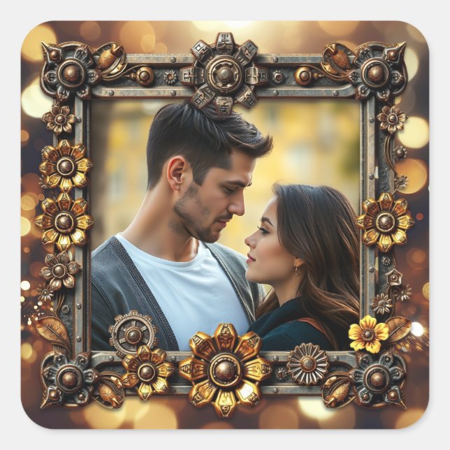 Metal Flowers Steampunk Personalized Wedding Square Sticker (Front)