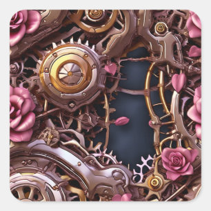 Metal Gears and Pink Roses Steampunk Square Sticker