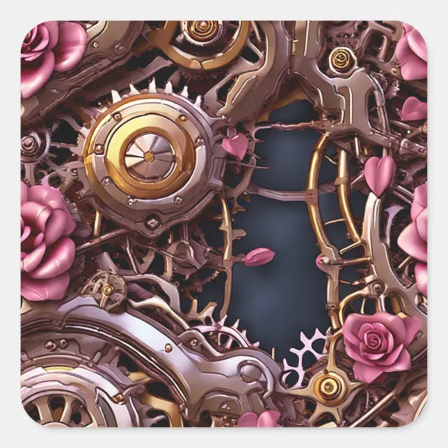 Metal Gears and Pink Roses Steampunk Square Sticker | Zazzle