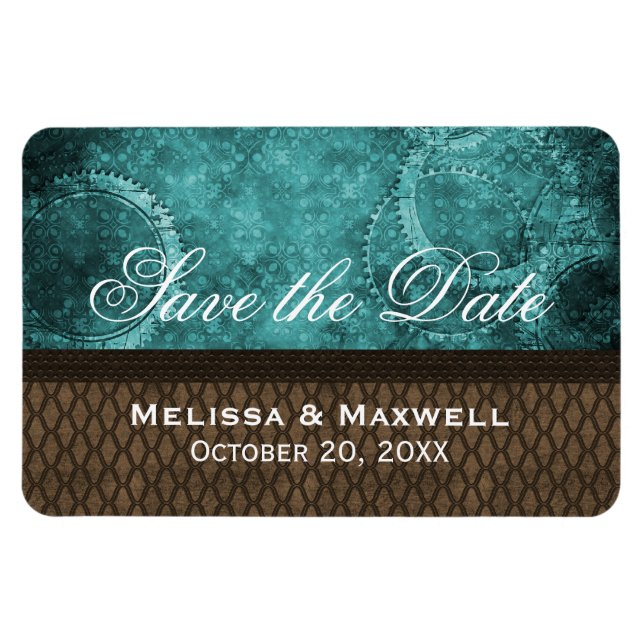 Metal Gears Save the Date Flexi Magnet, Teal Magnet (Horizontal)