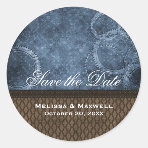 Metal Gears Save the Date Stickers Blue Classic Round Sticker