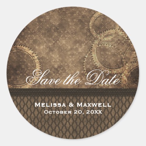 Metal Gears Save the Date Stickers Brown Classic Round Sticker