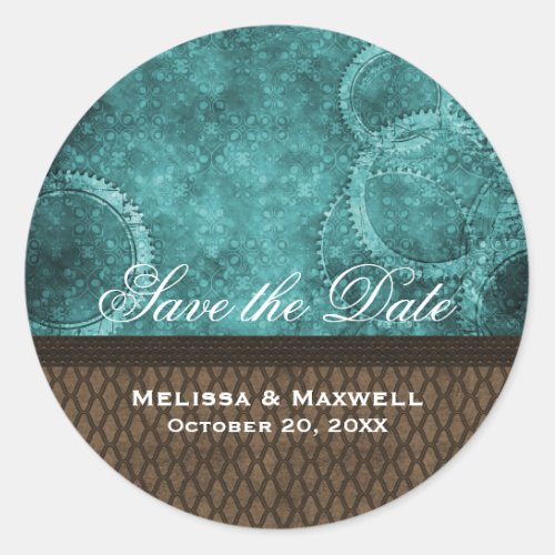 Metal Gears Save the Date Stickers Teal Classic Round Sticker