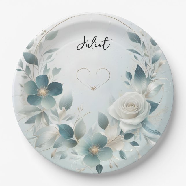 Metal Glam Shiny High End Silver Bridal Shower Paper Plates (Front)
