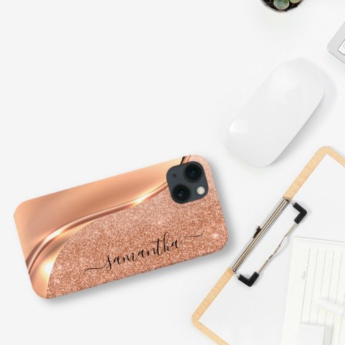 Metal Glitter Look 3_D Rose gold Wave Name iPhone 13 Case