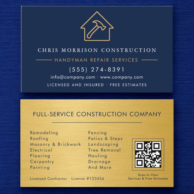 Metal Gold Navy Blue Handyman Construction QR Code Business Card (Creator Uploaded)