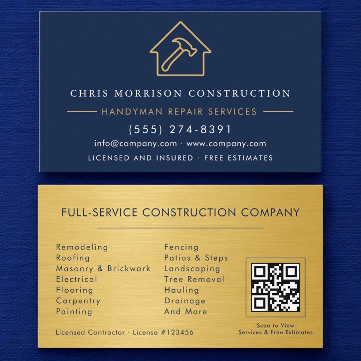 Metal Gold Navy Blue Handyman Construction QR Code Business Card