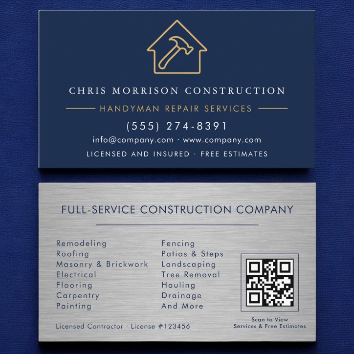 Metal Handyman Construction Navy Blue Gold QR Code Business Card