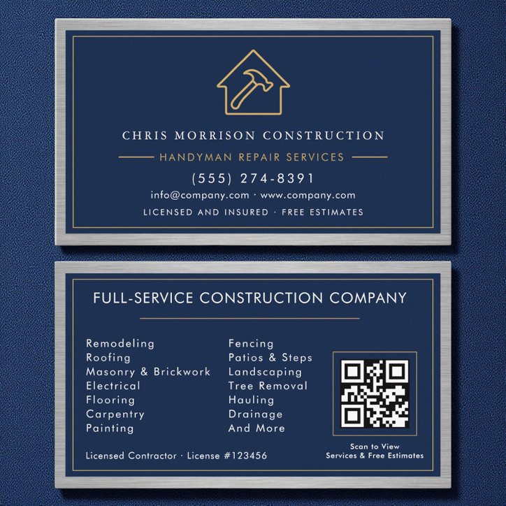 Metal Handyman Navy Blue Gold QR Code Business Card