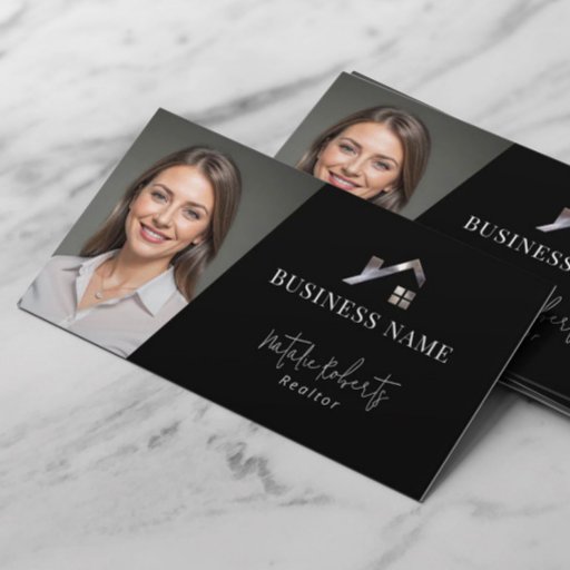 Customizable Metal House Logo Real Estate Realtor Black Photo Business Card