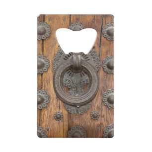 Metal Knocker on Old Wooden Door Credit Card Bottle Opener
