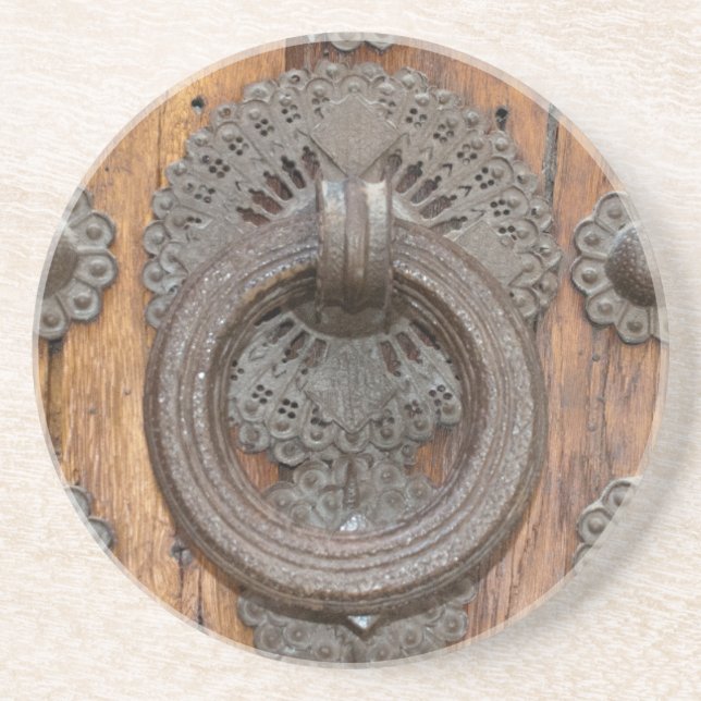 Metal Knocker on Old Wooden Door Drink Coaster (Front)