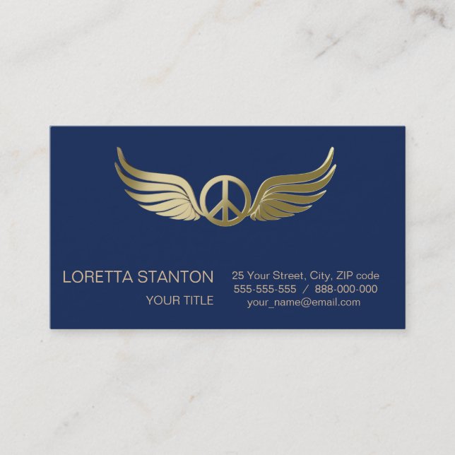Metal look peace symbol with wings business card (Front)