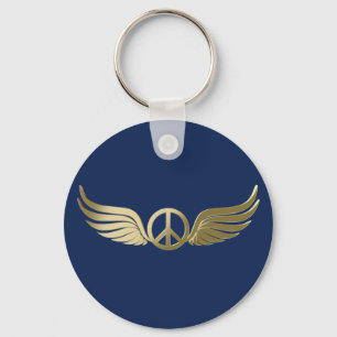 Metal look peace symbol with wings keychain
