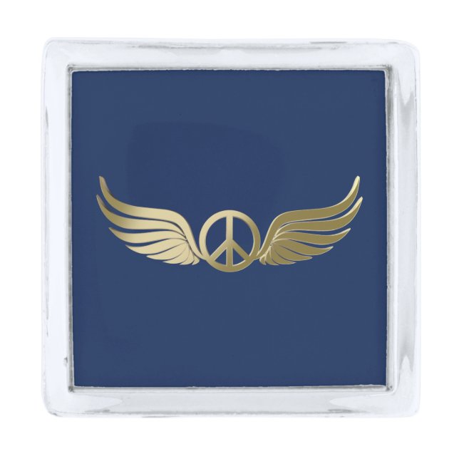 Metal look peace symbol with wings silver finish lapel pin (Front)