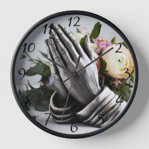 Metal-looking Praying Hands with Peony Florals Clock