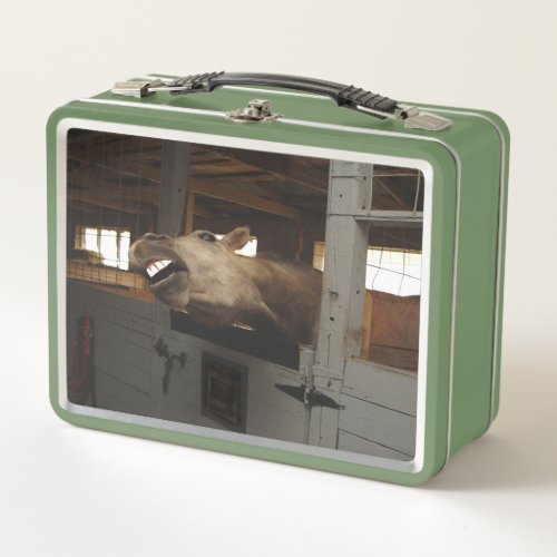 Metal lunch box with a picture of a laughing horse