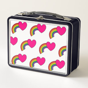 Metal Lunch Box With Rainbows and Pink Hearts